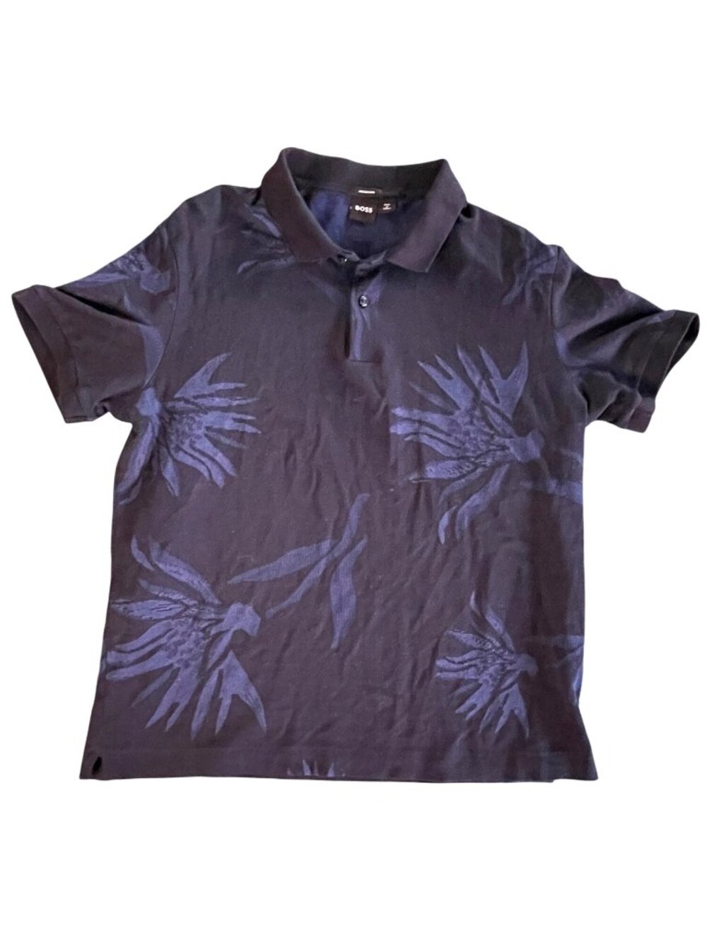 Hugo Boss Mens M Black Polo Shirt With Blue Tropical Pattern Mercerized Cotton